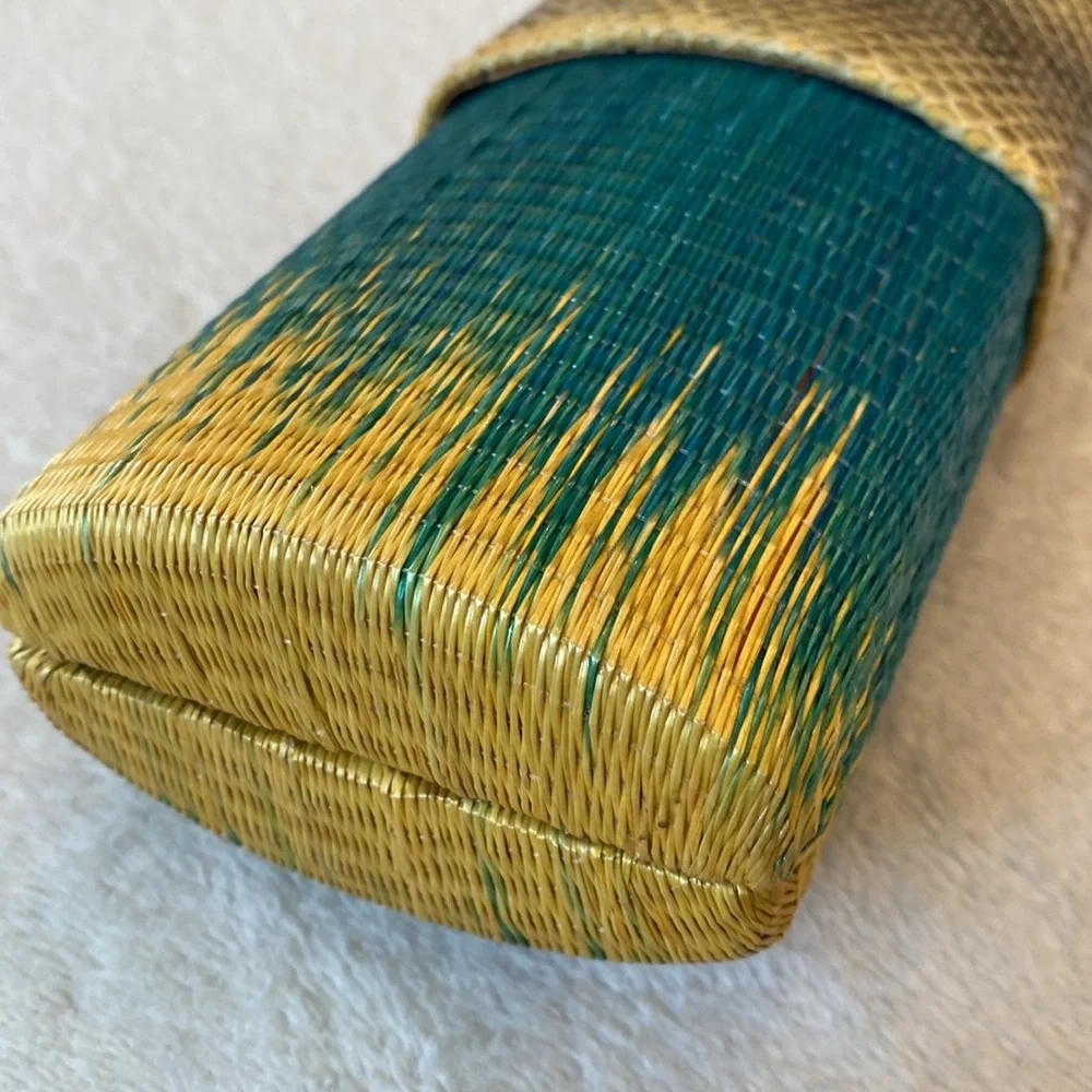 John Carlo Creations snakeskin and ombré turquoise to yellow raffia clutch